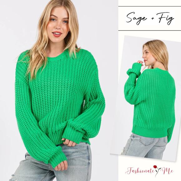 SAGE + FIG Round Neck Drop Shoulder Long Sleeves Pullover Sweater | Green - Picture 1 of 6